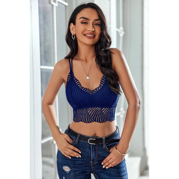 Women's Navy Blue-1 Lace Camisoles Double-layered V-neck Sexy Bralettes Crop Top - Picture 5 of 6